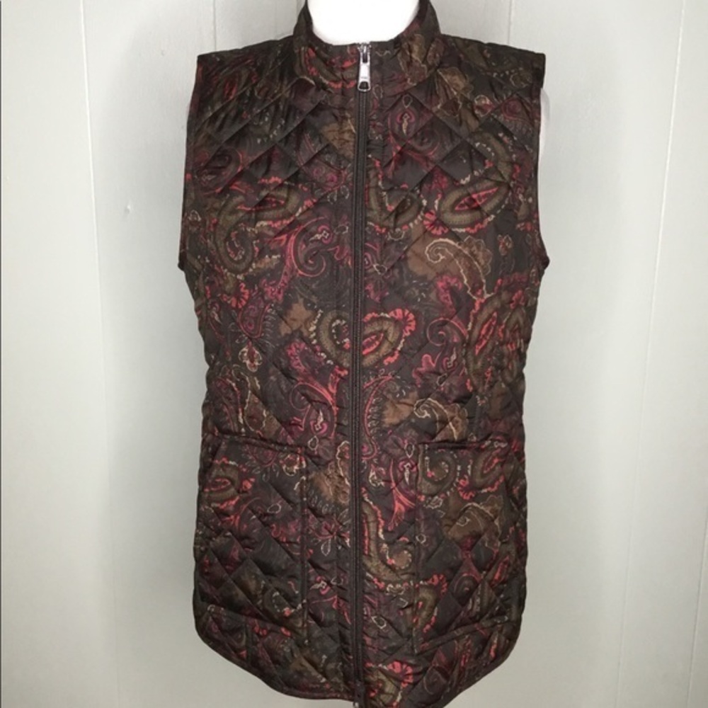 J Jill Black & Burgundy Paisley Quilted Fall Winter Spring Zip Up Vest XSP